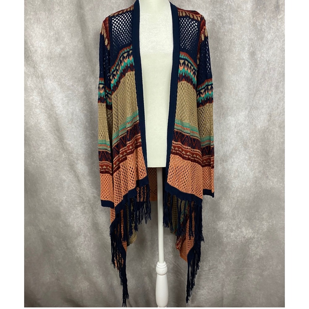 Say What? Womens 2X Open Knit Fringed Cardigan Geometric Tribal Sharkbite Hem